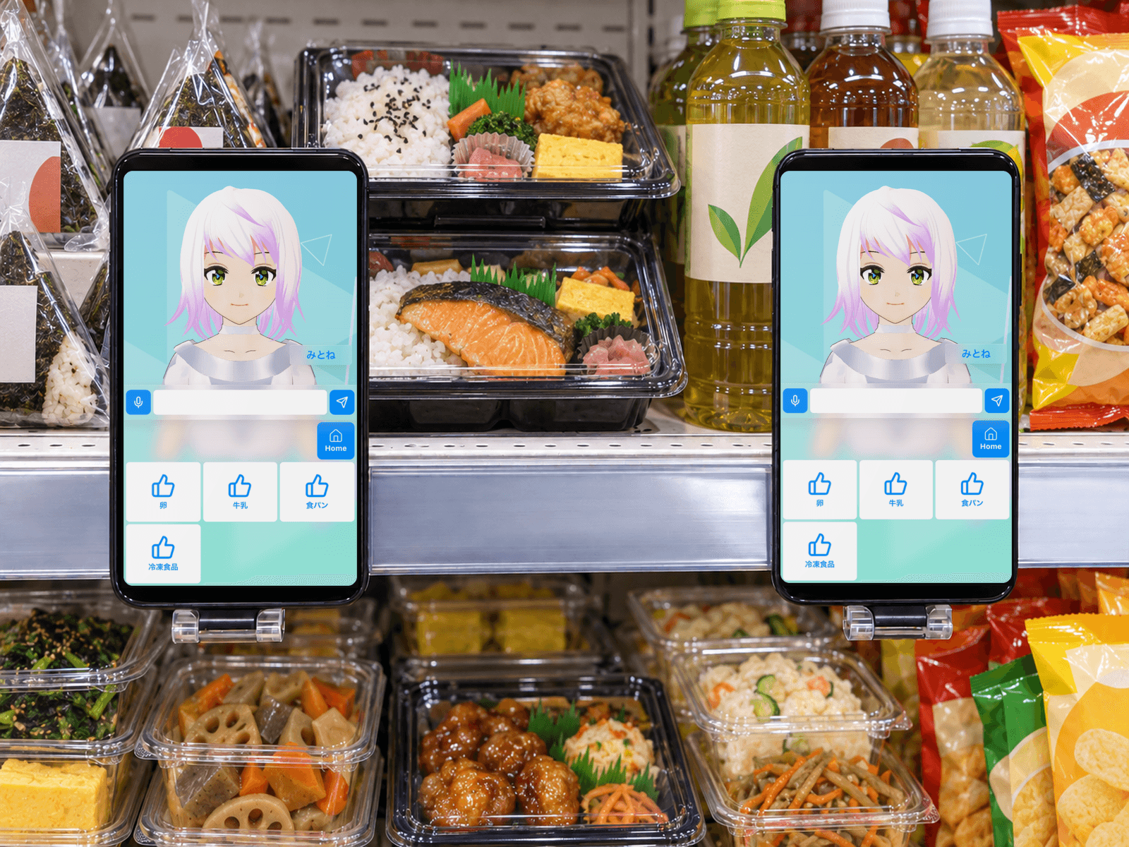 日本のコンビニの弁当・惣菜棚にスマートフォンで設置したマイクロサイネージのAIアバター